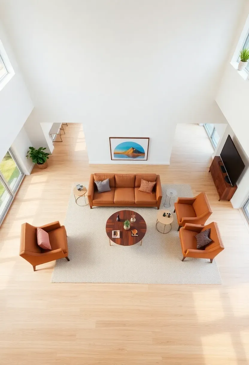 Open-plan living room with furniture angled away from walls, a floating sofa arrangement, and clear walking paths