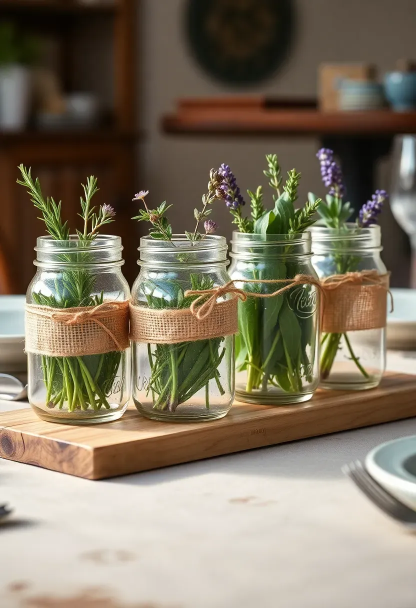 Row of mason jars filled with fresh herbs like rosemary, thyme, and lavender sprigs arranged on a rustic wood board as a dining table centerpiece