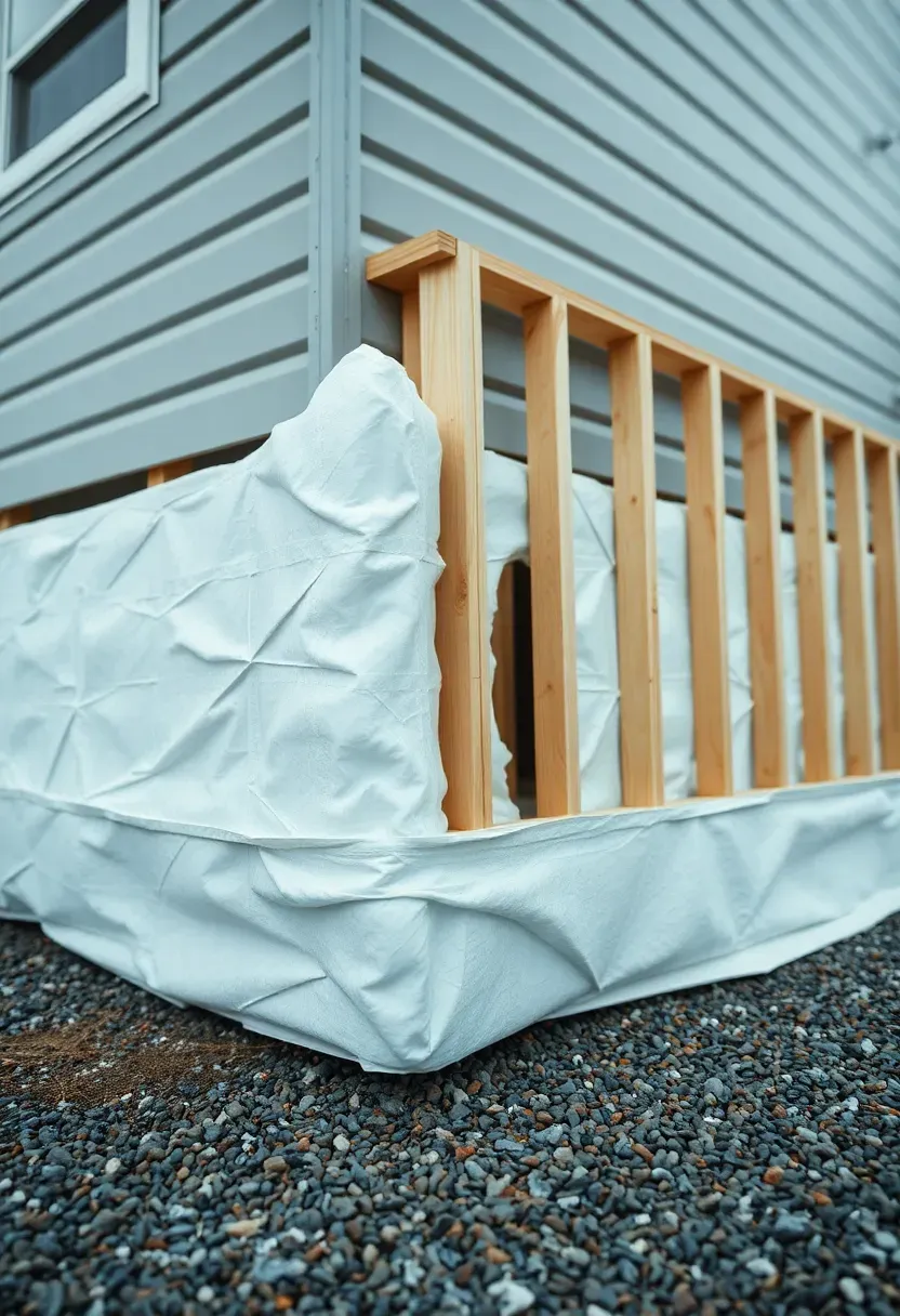 Hyper-realistic 3/4 view showing tiny house trailer foundation with white rigid foam insulation skirt installed. Materials: foil-faced rigid foam panels, pressure-treated wood framing, tiny house trailer frame, gravel ground. Overcast winter daylight with subtle blue tones, clean construction site aesthetic, protective winter preparation mood. Shallow depth of field, sharp details on foam insulation joints and wood framing, visible tiny house exterior siding above skirt line. No text, no logos, no watermarks.</p>