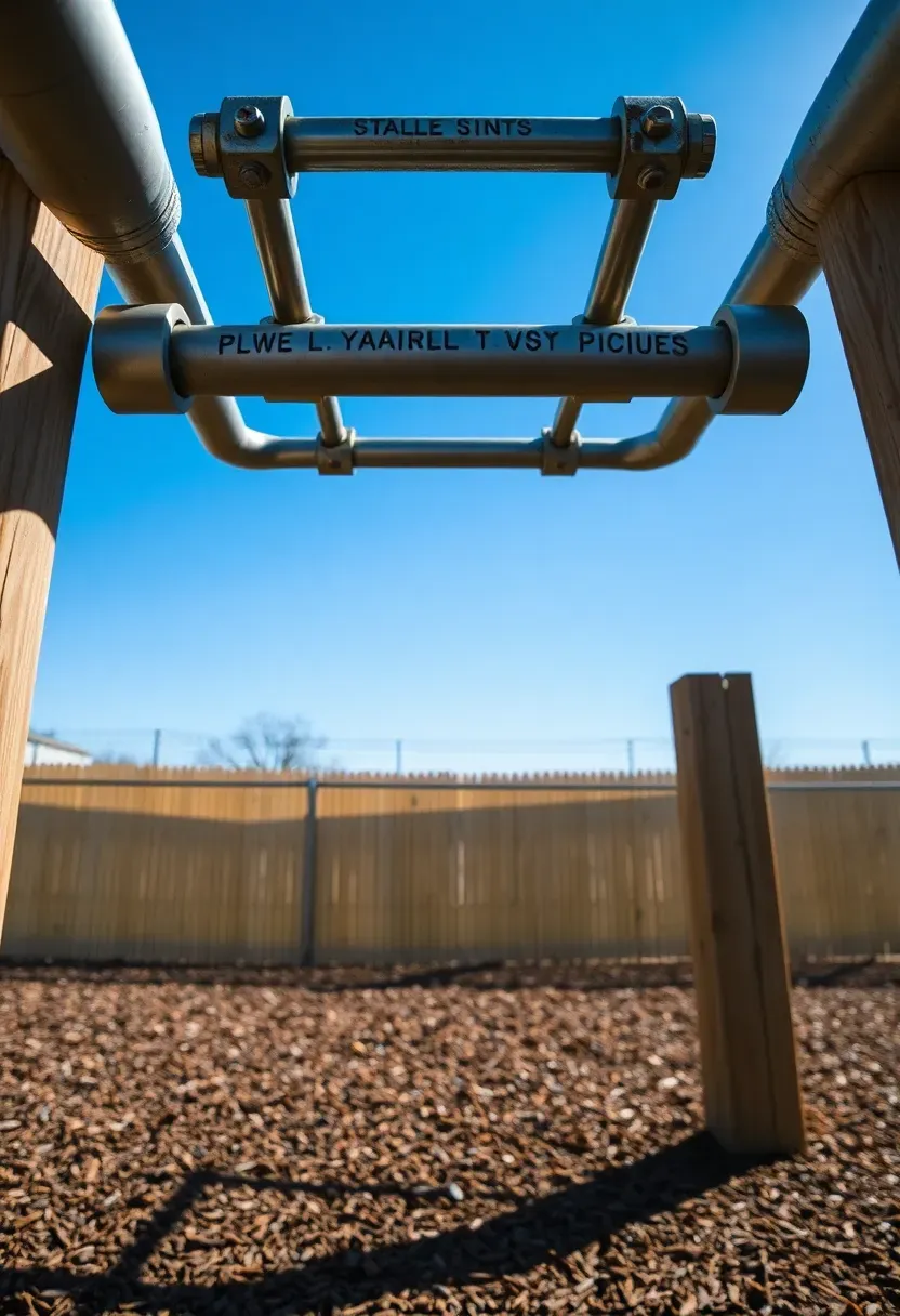 Metal monkey bars with overhead ladder rungs connecting two wooden posts, set over rubber mulch with blue sky above