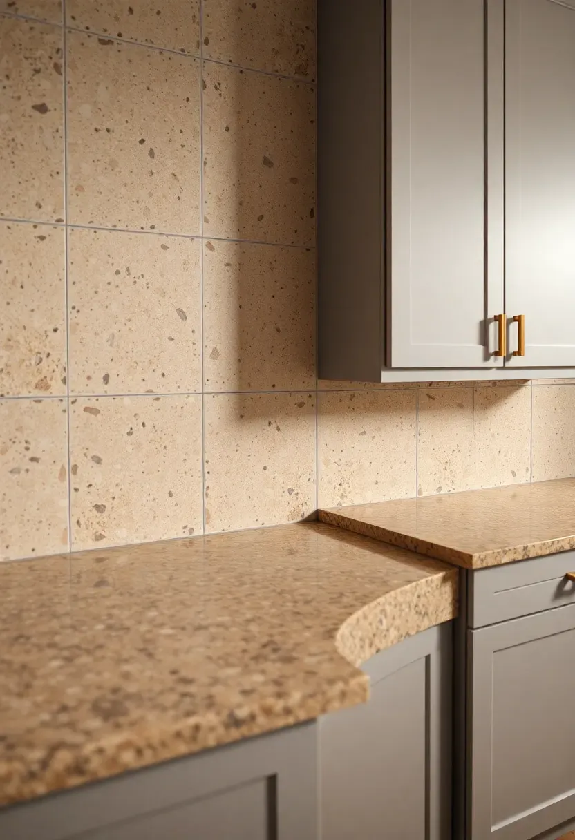 terrazzo-look large format porcelain tile backsplash with warm aggregate in kitchen with fantasy brown granite countertops