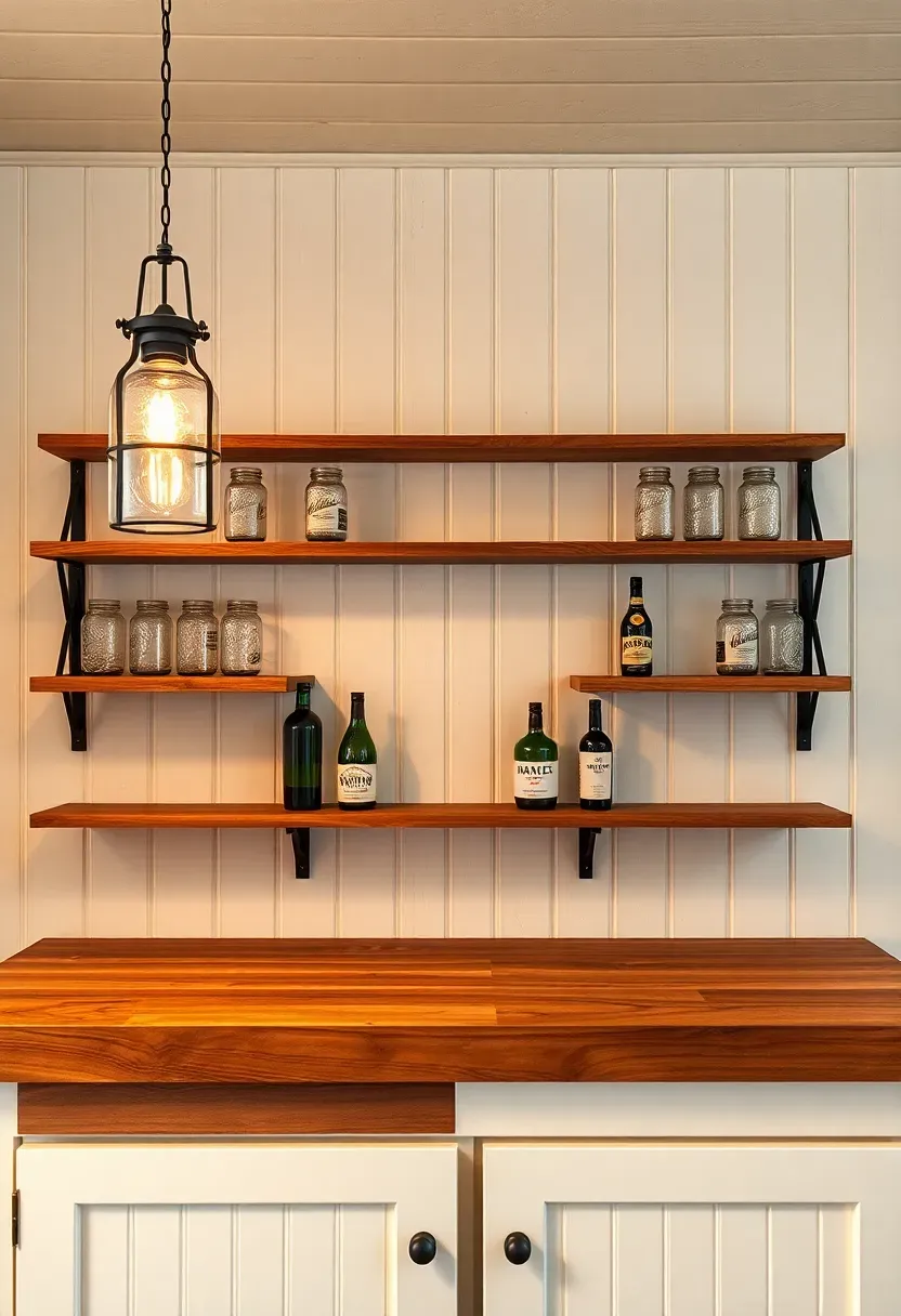 Farmhouse basement bar with white shiplap walls, open wood shelving, mason jar pendants, and a butcher block countertop