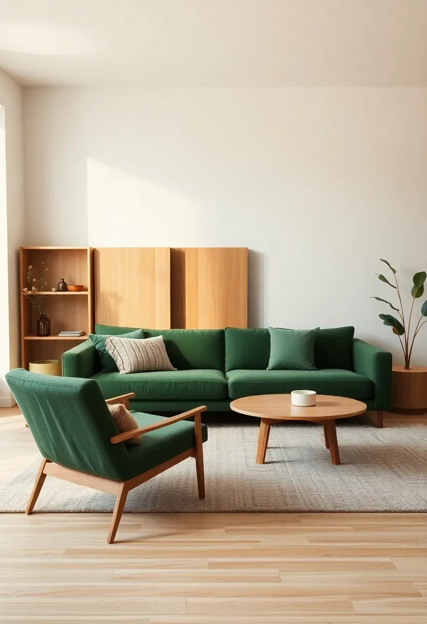 Compact apartment zoning with green couch and divider