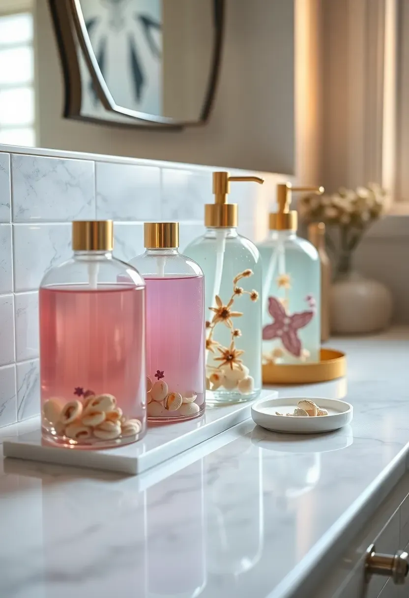 Bathroom counter with translucent resin soap dispensers in pastel colors with embedded shells