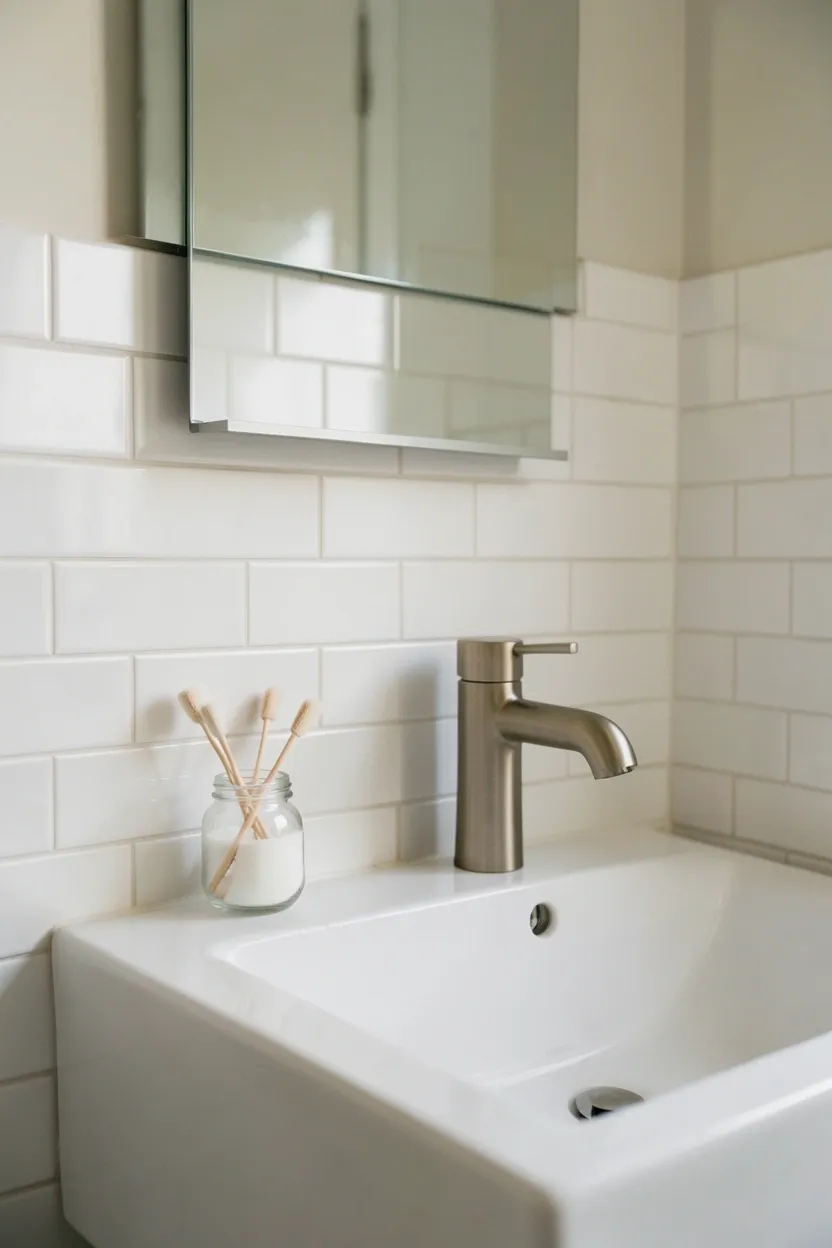 Peel-and-stick subway tile backsplash installed behind a rental apartment bathroom sink for a renter-friendly tile effect
