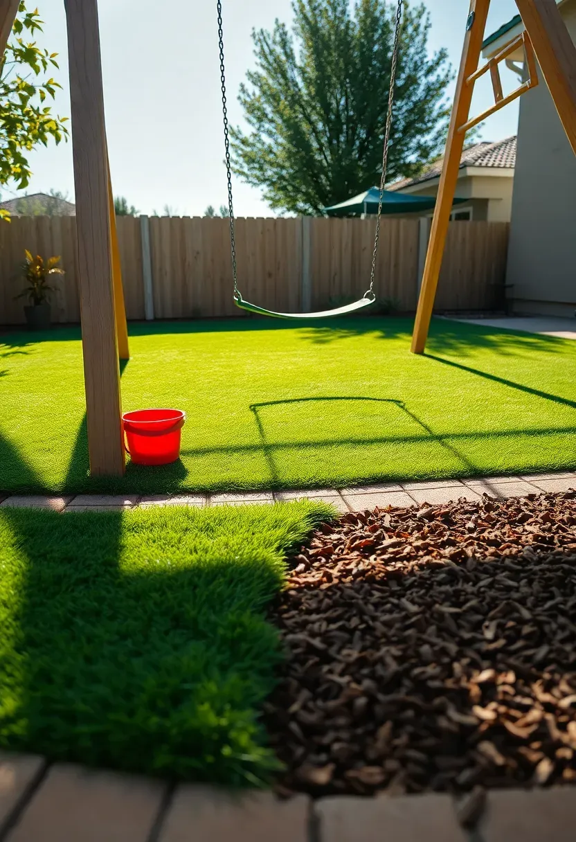 A colorful backyard play area with soft artificial turf under a swing set bordered by a wide perimeter of tan pavers with rubber mulch transition strips