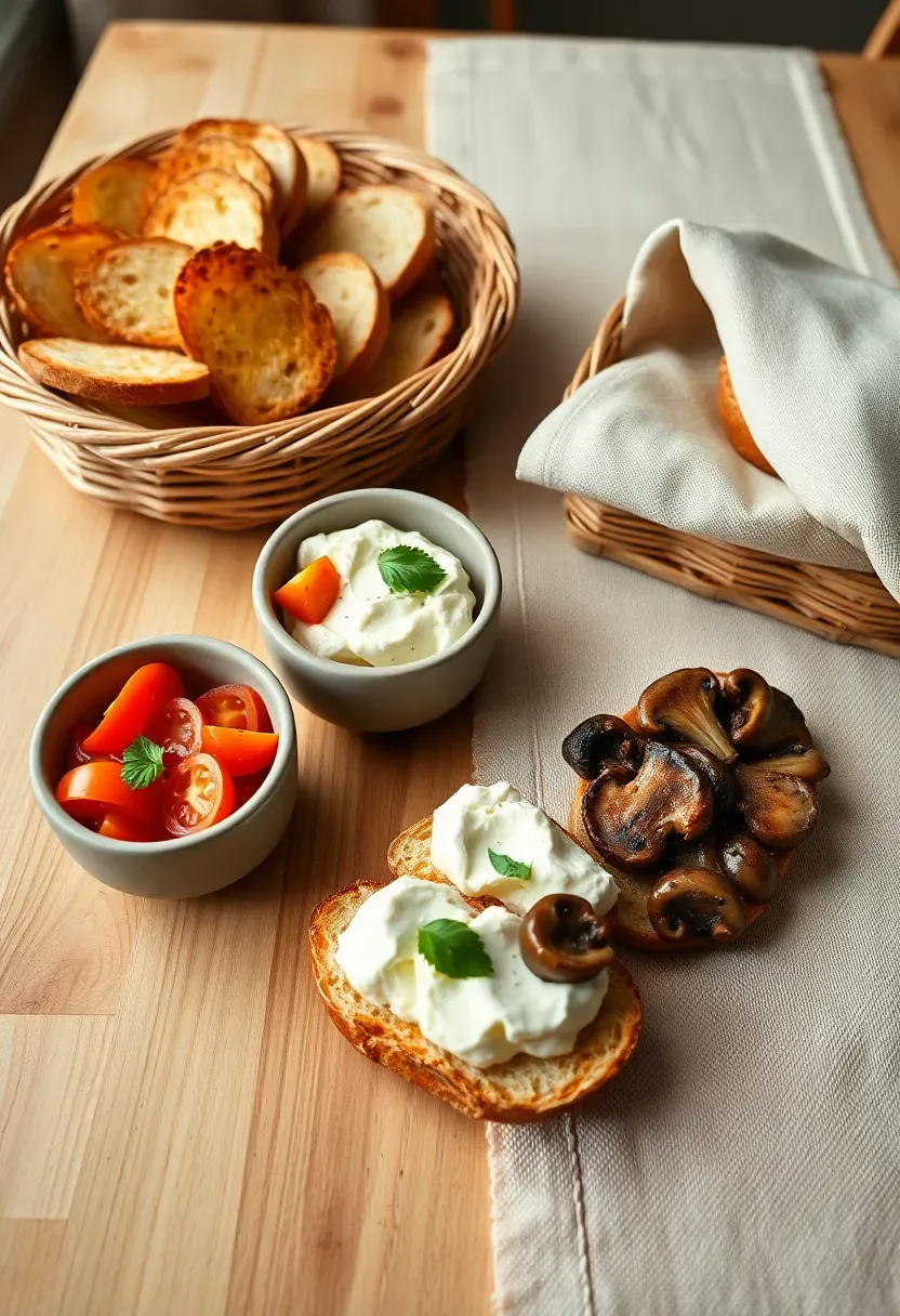 bruschetta trio station with three varieties on toasted baguette slices featuring tomato basil ricotta honey and mushroom toppings