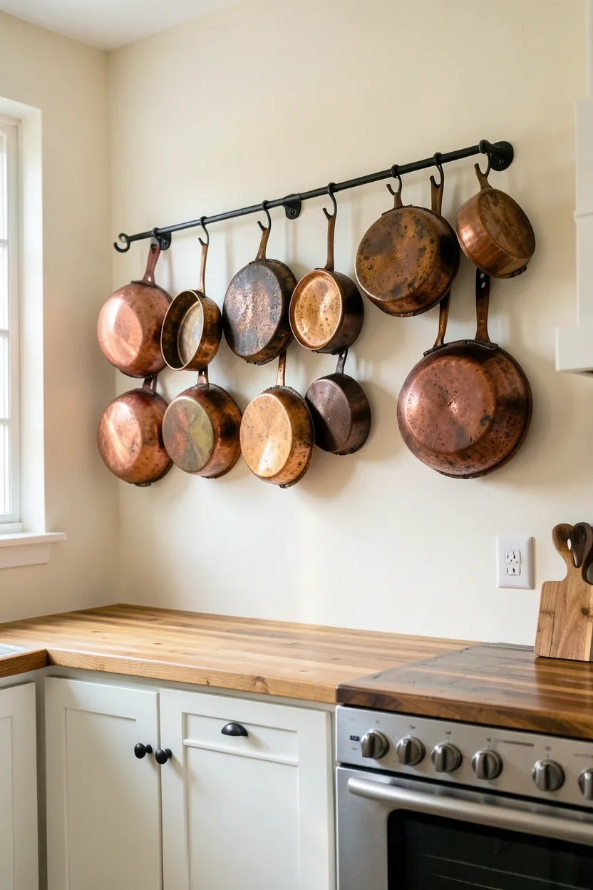 Hyper-realistic slightly elevated perspective of copper pots hanging from a black iron rack mounted on creamy white wall. Pots in various sizes showing natural patina - some with more oxidized darker copper, others with brighter warmer tones. Black iron hooks holding pots, rack extending across wall with visible mounting hardware. Warm natural light from window on left reflecting off copper surfaces, creating warm metallic glow. Creamy white walls, white shaker cabinets below, butcher block counter with prep area. Materials: copper with natural patina, wrought iron, painted white wood, walnut. Warm sophisticated rustic mood. Visible kitchen context - stove below rack, all wall space showing copper display. Slight tarnish on some pots, small water spots from cleaning. No text, no logos, no watermarks.</p>