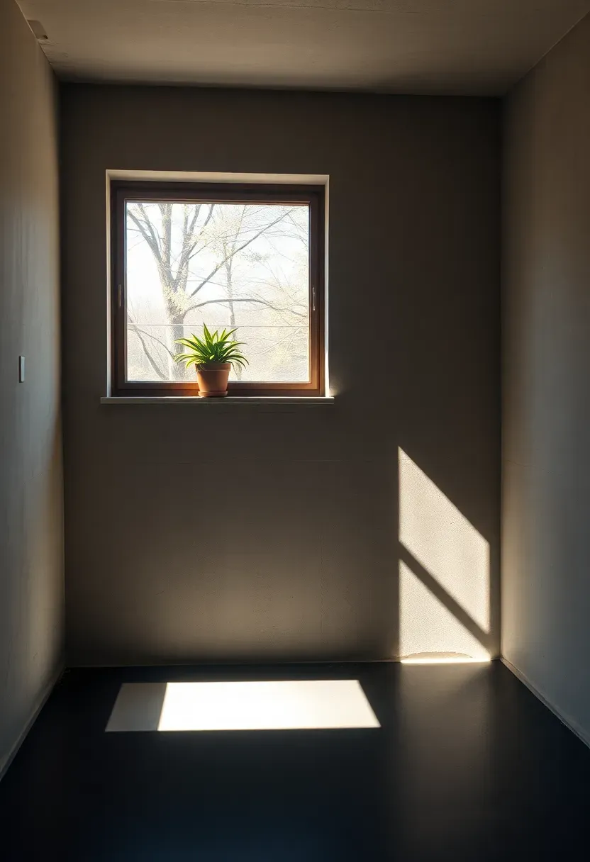 Basement wall with an egress window well bringing natural light into a home gym, plants on the windowsill, rubber floor below