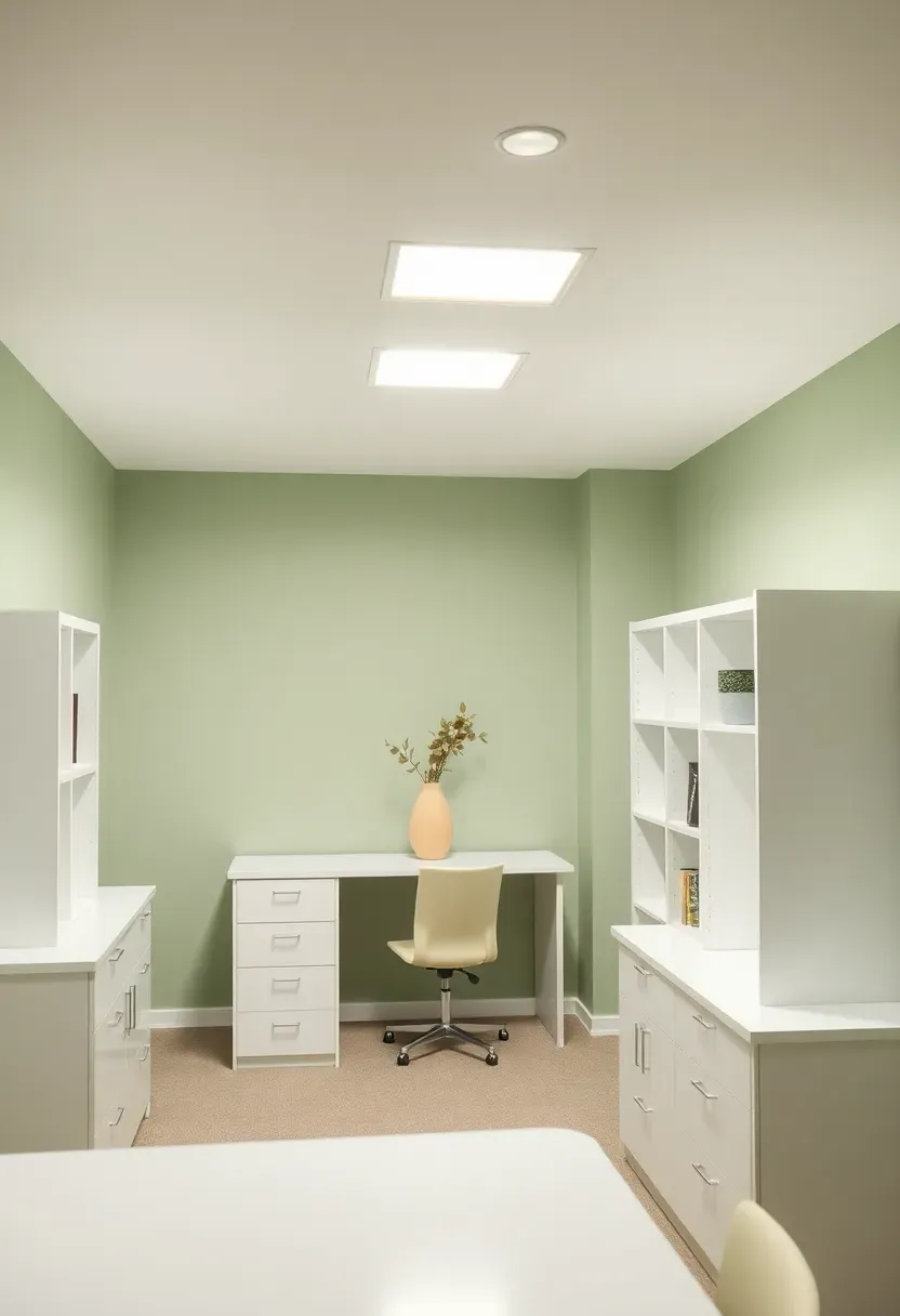 Basement office with pale sage green walls, bright overhead lighting, and white furniture reflecting light throughout