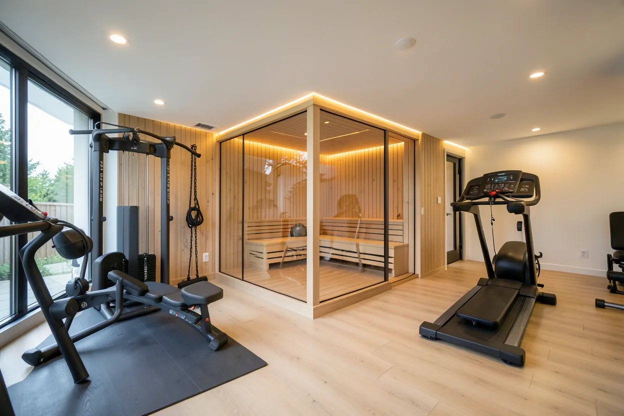 Modern home gym with glass-panel sauna in the corner, light oak floors, and matte black equipment creating a spa-like wellness retreat