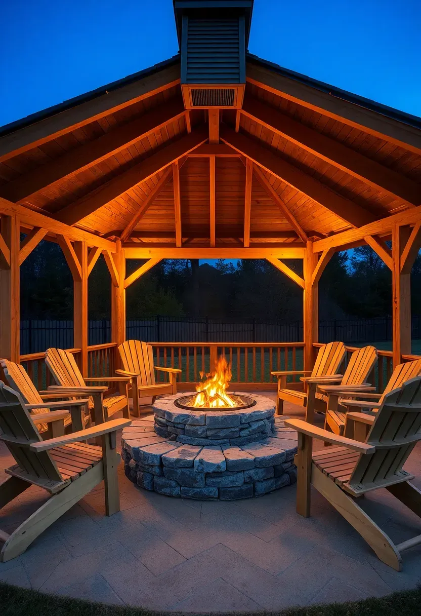 A gazebo built around a central stone fire pit with Adirondack chairs arranged in a circle, a metal spark screen over the fire, and the gazebo roof open at the center for smoke ventilation