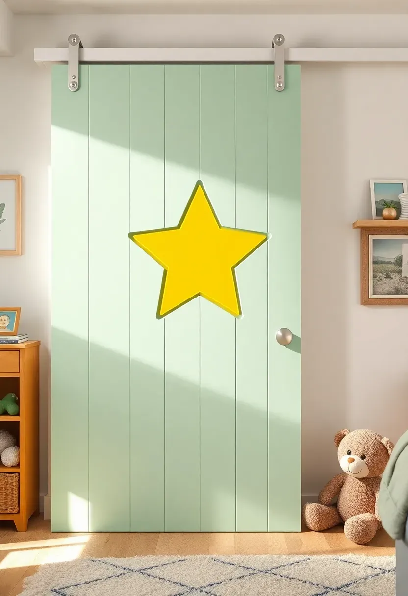 Colorful kids bedroom barn door with a star-shaped cutout filled with yellow acrylic and painted in soft mint green covering a closet