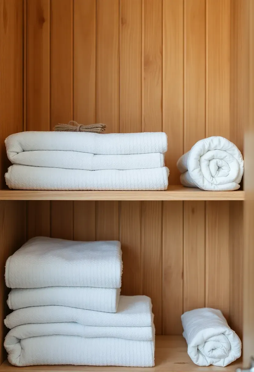 Bathroom linen closet with raw cedar plank lining the shelves, stacks of folded towels, and a small sachet of cedar chips visible
