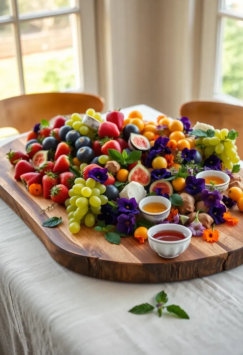 edible spring centerpiece with fresh fruits flowers and herbs on a platter
