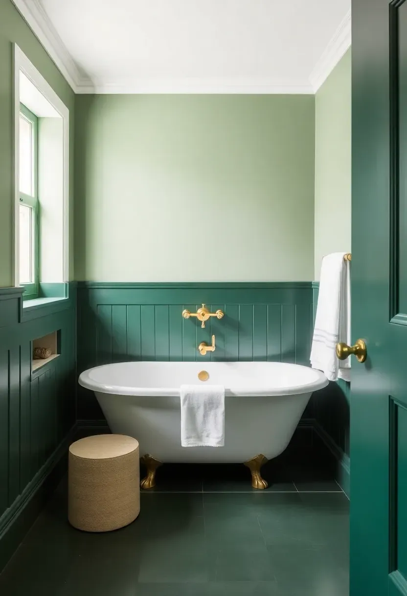 Bathroom split horizontally with dark forest green on the lower half and light sage green on the upper half, brass fixtures