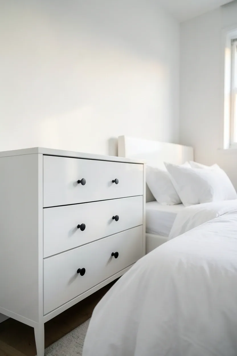 White bedroom dresser with matte black drawer pulls and knobs against white walls in a polished monochrome bedroom