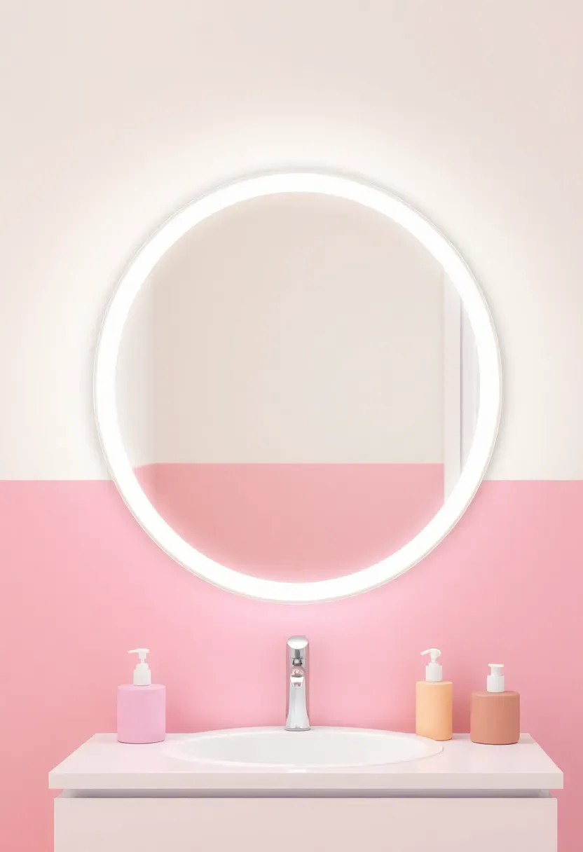 Round LED-lit bathroom mirror with soft white glow on a pastel pink wall in a Toca Boca style apartment bathroom