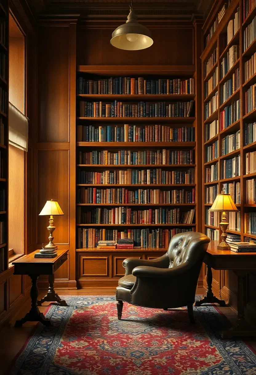 Hyper-realistic 3/4 view of warm wood floor-to-ceiling bookshelves filled with books, leather armchair, wooden desk with lamp, Persian rug. Materials: oak wood shelves, mixed book spines, leather chair, wood desk, brass lamp, wool rug. Warm amber lighting from table lamp and overhead fixture (2700K), soft shadows. Classic composition, sharp wood grain and book details, traditional elegant mood, visible room with windows. No text, no logos, no watermarks.</p>