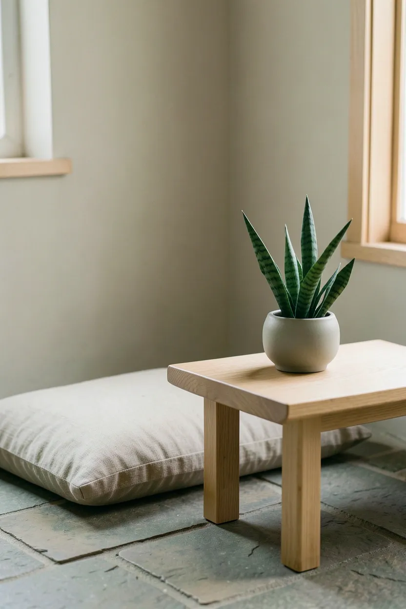 Textured concrete accent wall with natural cracks behind a wood bed in a wabi sabi style bedroom