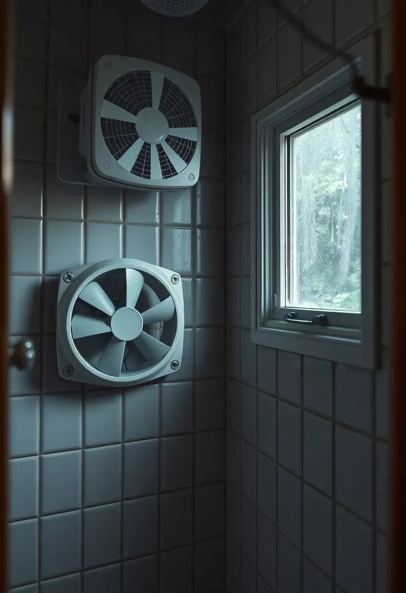 Hyper-realistic 3/4 view of a tiny house bathroom showing visible moisture issues including water droplets on surfaces, a ventilation fan, and a small cracked window for airflow. Materials: tile surfaces, ventilation fan, window hardware. Humid interior lighting showing moisture challenges. Ventilation concern mood with visible moisture control equipment and problem areas. Shallow depth of field, sharp moisture details, realistic environmental composition. No text, no logos, no watermarks.</p>