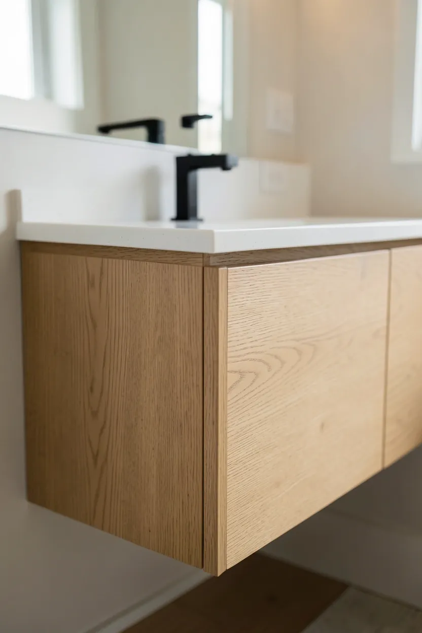 Wall-mounted floating vanity with soft-close drawers and exposed wood grain in a minimalist modern bathroom
