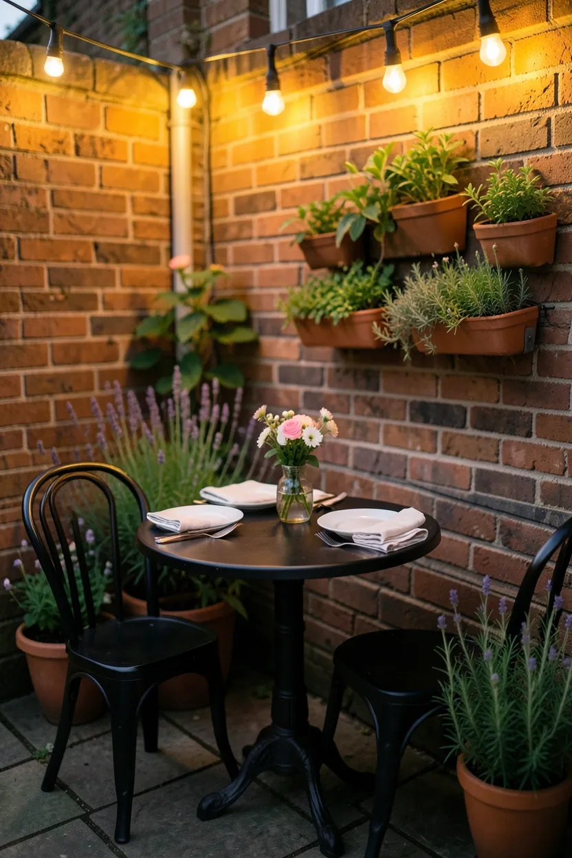 Hyper-realistic eye-level photograph of a cozy backyard bistro dining nook. Small round cast iron table with two matching chairs in matte black finish. Table set with white ceramic plates, linen napkins, and small vase with fresh flowers. Potted lavender and rosemary plants flank the area. Overhead bistro string lights provide warm illumination. Background shows brick wall with mounted herb planters. Evening golden light. Materials: cast iron, ceramic, linen, flowering herbs. Intimate dining mood. Shallow depth of field, focus on table setting. No text, no logos, no watermarks.</p>