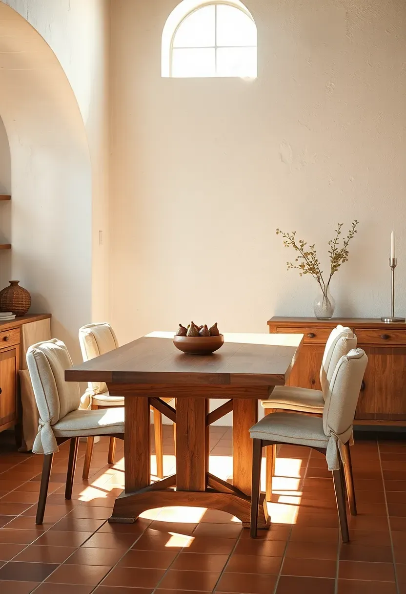 Airy Mediterranean dining room with a limewashed accent wall in warm white showing beautiful chalky organic texture variations