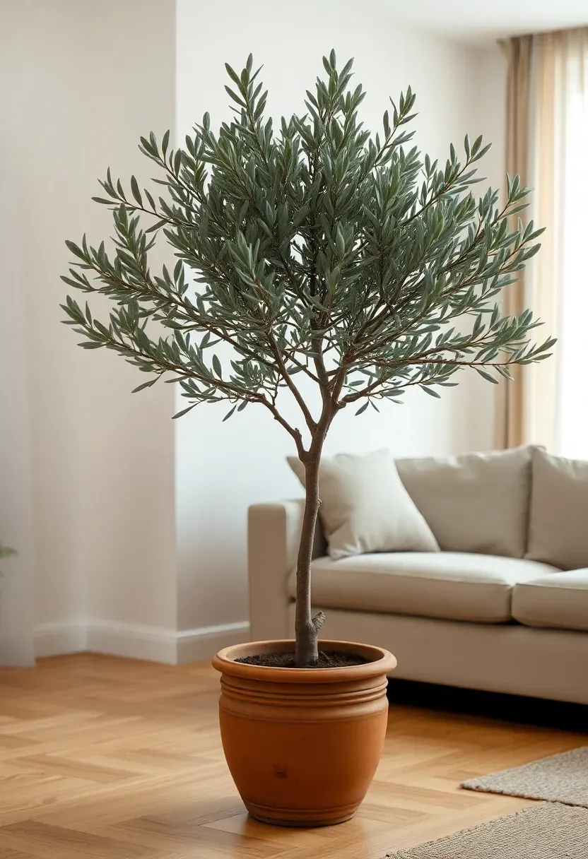 Hyper-realistic 3/4 view of a large indoor olive tree in a terracotta pot, placed in a corner of a Scandinavian living room. The tree has a single trunk with multiple smaller trunks at base, silvery-green leaves, reaching about 5 feet tall. Light oak flooring, warm white walls, simple beige sofa in background. Large window with sheer linen curtains to the side. Materials: olive tree leaves, terracotta pot, oak floor, linen fabric. Natural diffused daylight. Clean composition. No text, no logos, no watermarks.</p>