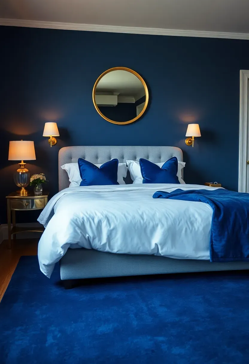 Hyper-realistic wide shot of a moody bedroom with midnight blue walls, queen bed with white duvet and midnight blue velvet shams, brass bedside lamps with white shades, round mirror with brass frame on wall. Visible room context with dark blue area rug, white trim. Materials: matte midnight blue paint, white cotton, polished brass, blue velvet. Warm golden glow from brass lamps, reflections in mirror. No text, no logos, no watermarks.</p>