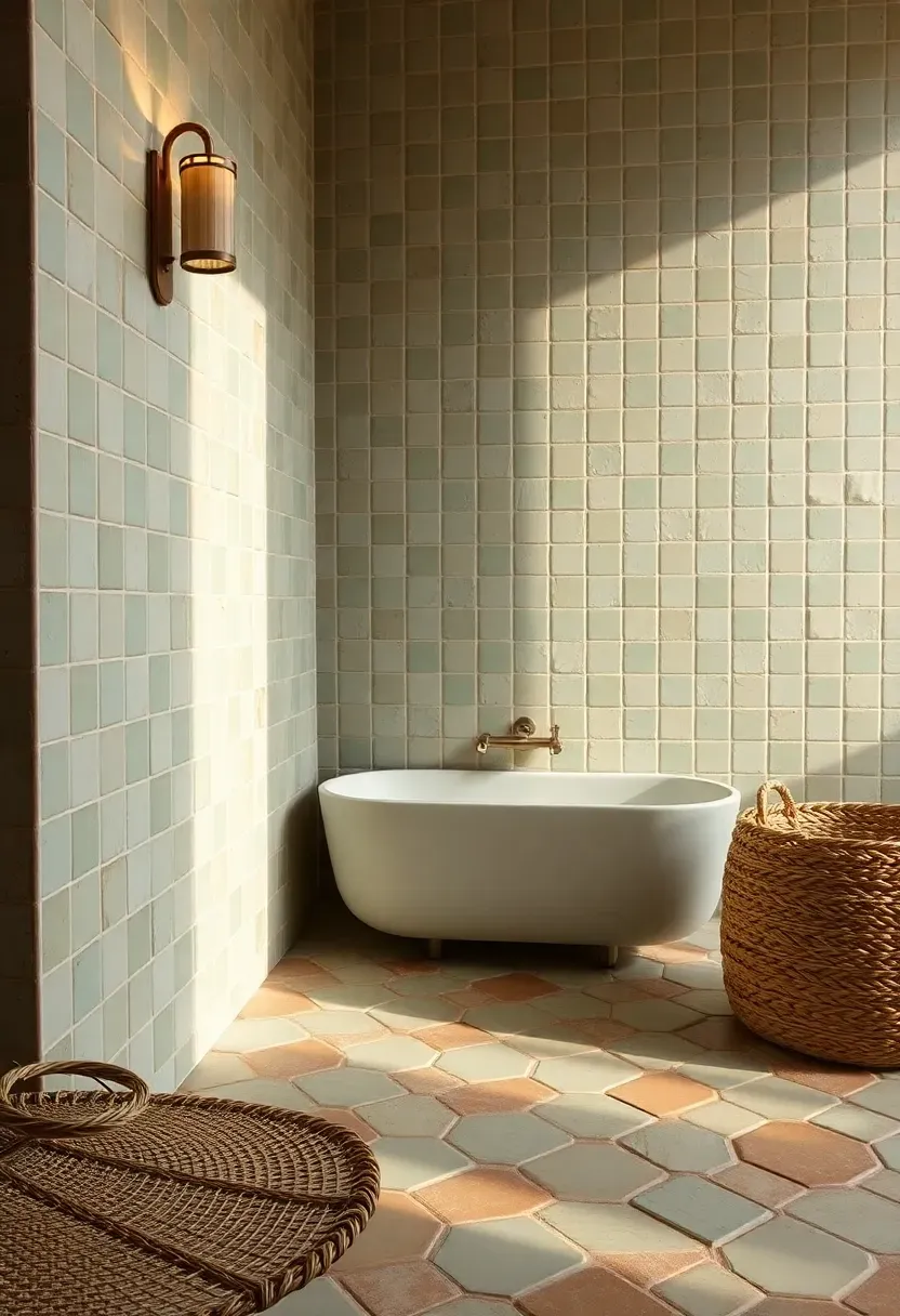 Handmade zellige tiles in a warm sage green installed on a bathroom floor with a raw clay texture and irregular edges