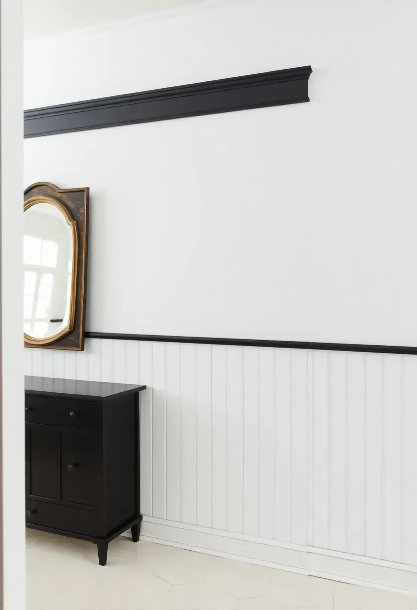 White beadboard wainscoting with black trim and baseboards in a charming black and white bathroom