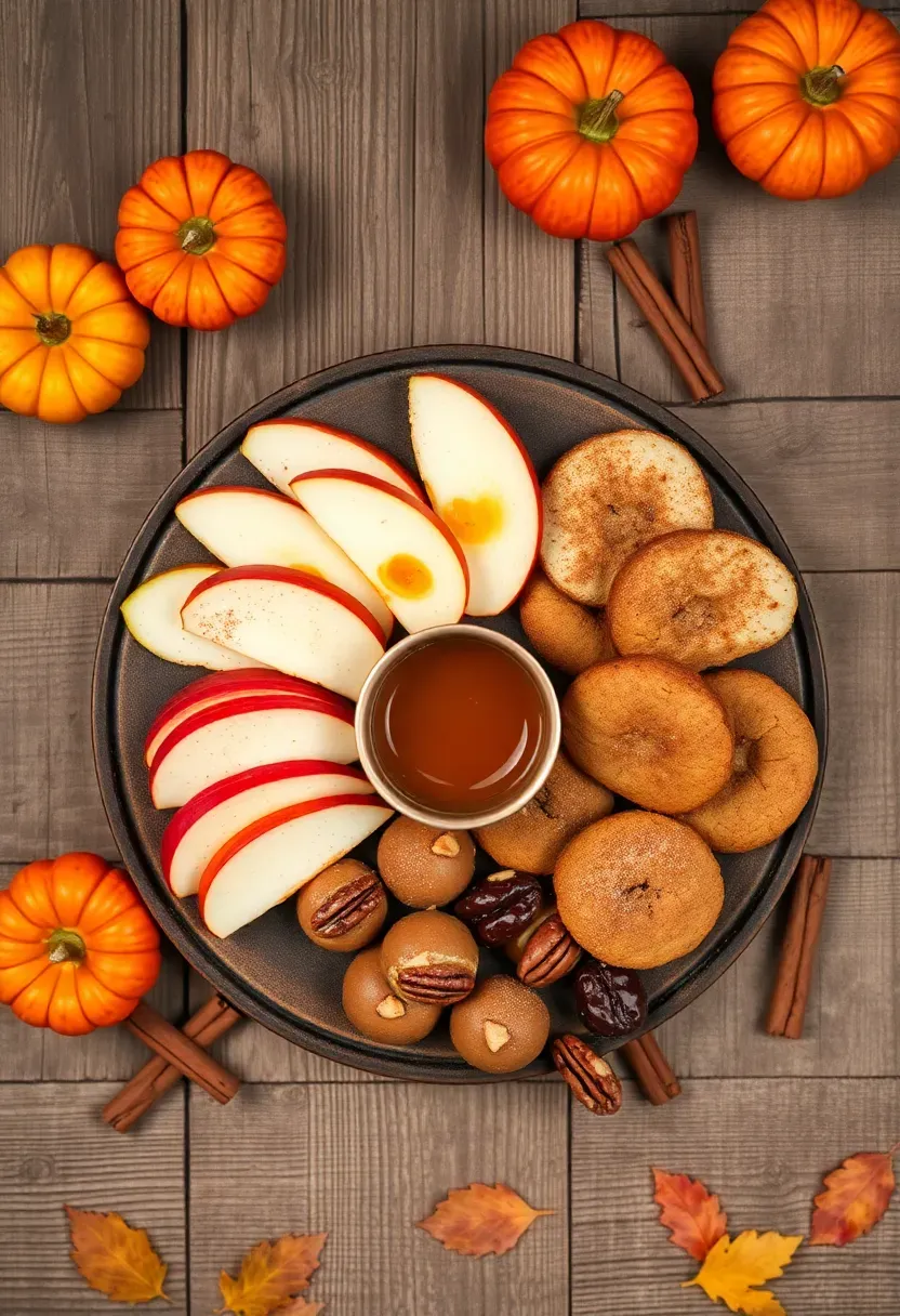 Rustic autumn harvest dessert board featuring apple slices, caramel treats, and fall-colored sweets