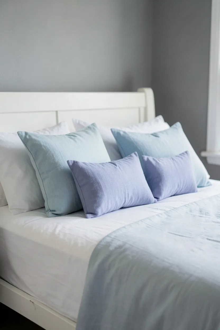 Hyper-realistic eye-level photograph of neatly arranged bed with white duvet cover and collection of light blue throw pillows in varying shades. Two larger square pillows in pale blue, two smaller rectangular pillows in slightly deeper sky blue, lumbar pillow in periwinkle. Neutral gray walls, white bed frame visible. Materials: cotton and linen blue pillows, white cotton duvet, white wood bed. Natural light from side, inviting layered atmosphere. Shallow depth of field, sharp details on pillow textures, balanced composition showing pillow arrangement on bed. No text, no logos, no watermarks.</p>