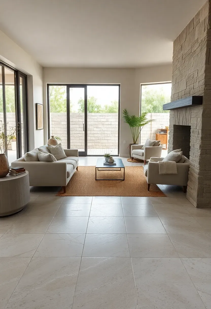 Hyper-realistic wide view of living room with limestone flooring. Large-format limestone tiles continuing from indoors to outdoor patio, jute rug defining seating area, cream linen sofa, slate fireplace surround. Materials: honed limestone with subtle fossils, natural jute rug, linen upholstery, slate stone. Natural daylight from multiple sources including glass door, stone flooring reflecting light. Elegant organic modern mood with neutral stone palette. Shallow depth of field, sharp details on stone surface textures, minimalist furniture, visible indoor-outdoor connection.</p>