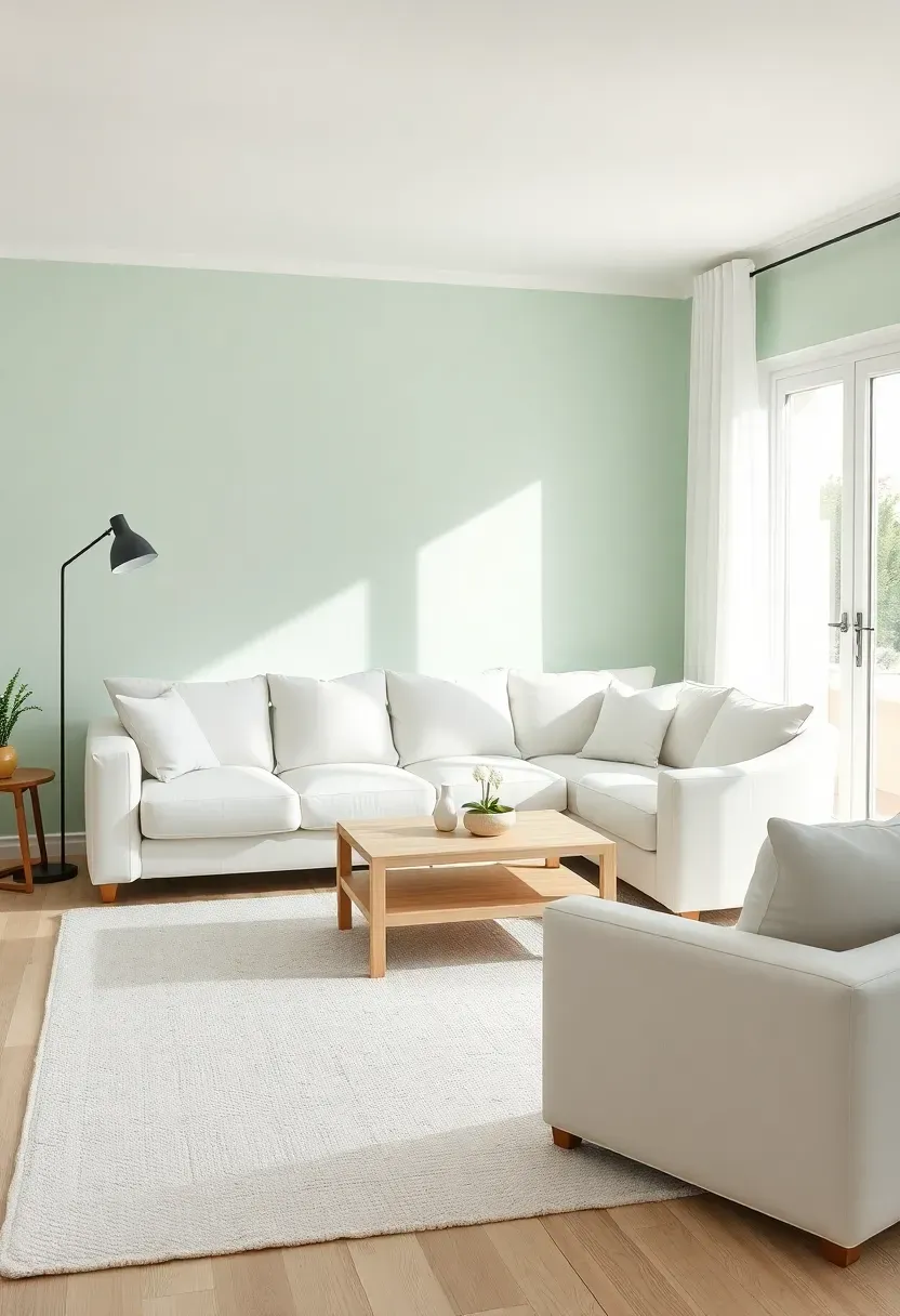Hyper-realistic 3/4 view of a minimalist living room with soft mint walls, white sectional sofa, white oak coffee table, and white wool area rug. Materials: matte soft mint paint with blue-gray undertones, white cotton upholstery, white oak wood, white wool rug, black metal floor lamp. Bright natural daylight, soft shadows, fresh and serene atmosphere. Clean composition with negative space, sharp contrast between mint and white, no clutter, no text, no watermarks.</p>
