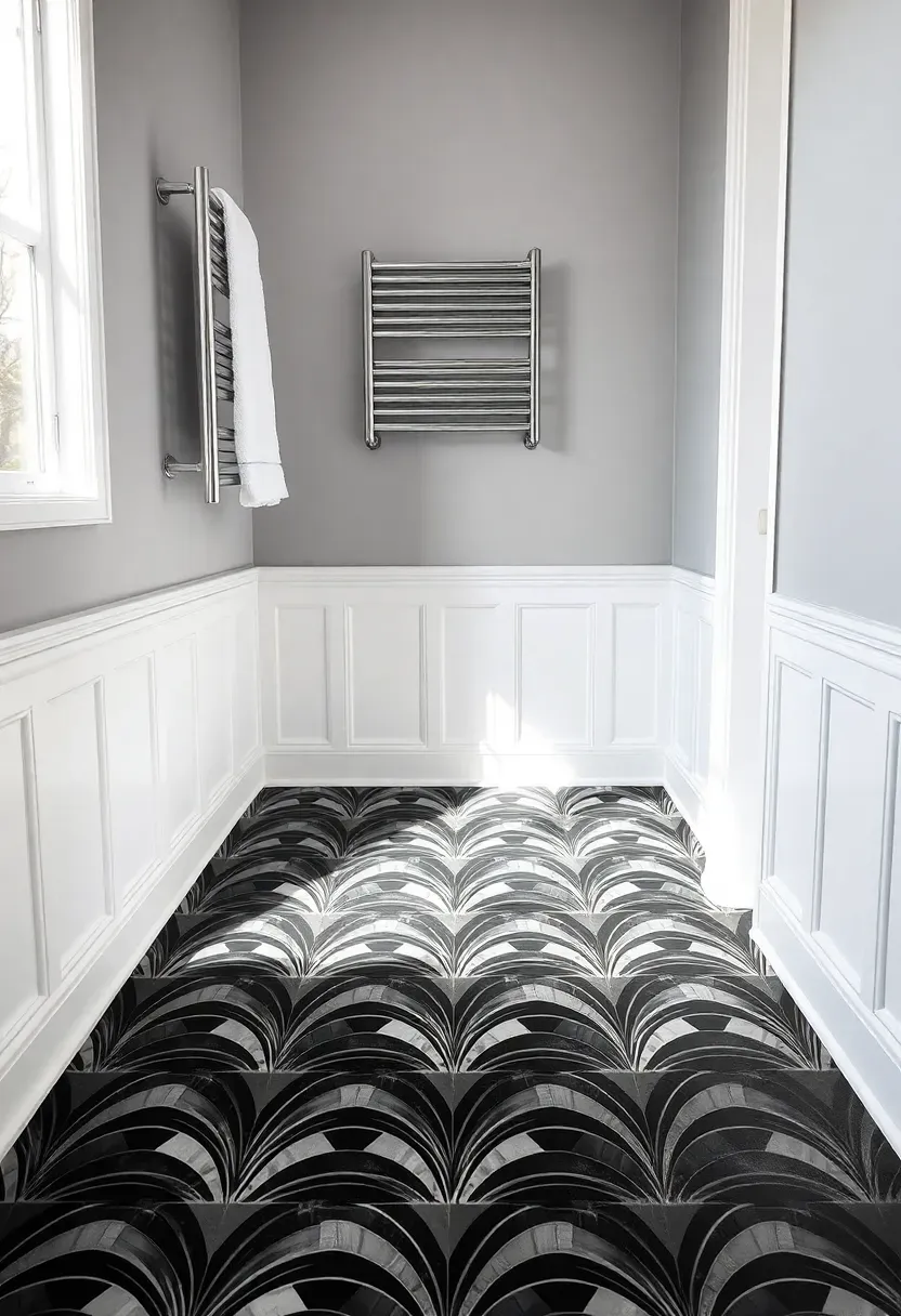 Geometric patterned luxury vinyl tile in black white and gray art deco design on a bathroom floor