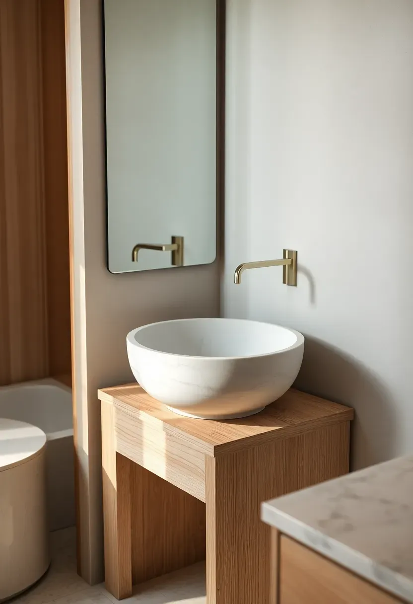 Organic natural stone vessel sink on a teak wood stand in a modern luxury bathroom with warm earth tones and soft natural light