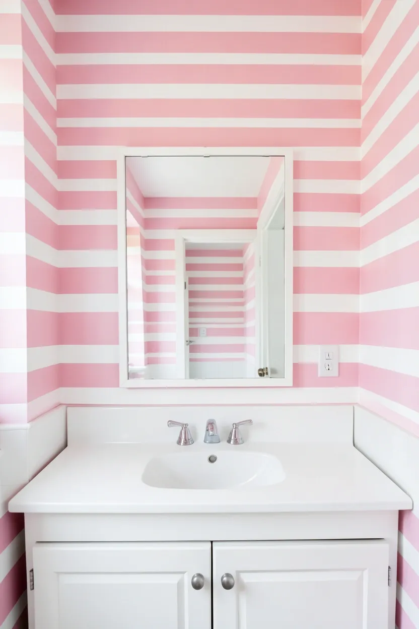 Vertical pink and white striped bathroom walls creating illusion of height, classic painted stripe pattern in a small rental bathroom