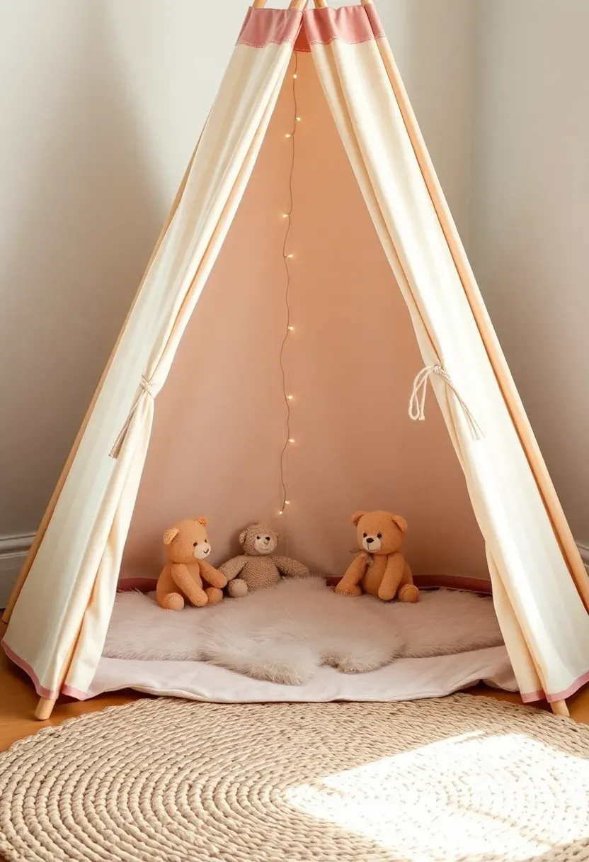 bohemian teepee play corner in baby girl nursery with pink and natural textile accents