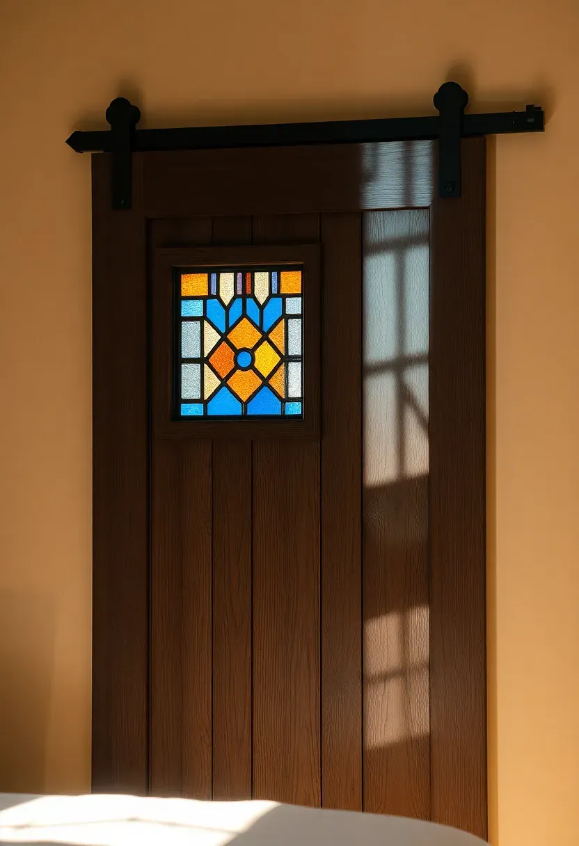 Barn door with a small stained glass insert panel in blue and amber tones set into a dark wood frame covering a bedroom closet