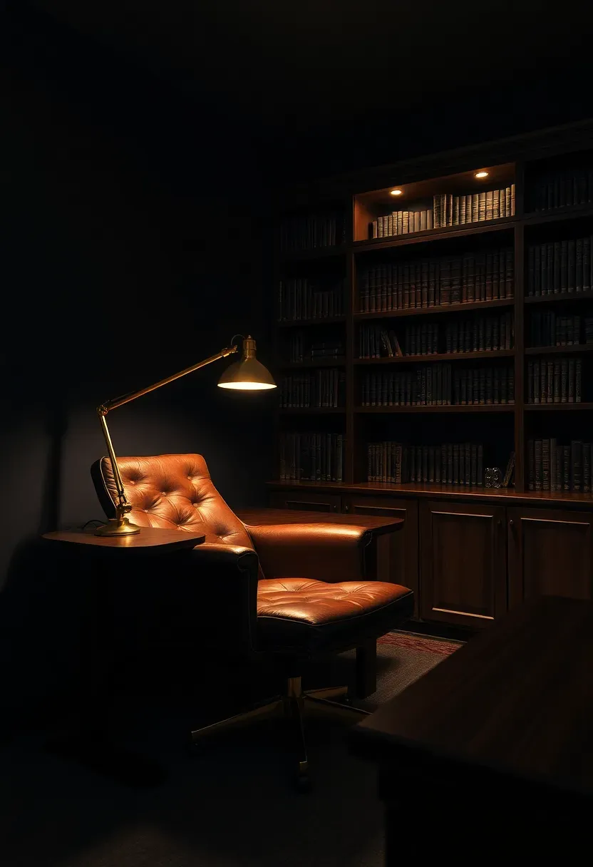 Dark moody basement office with navy walls, leather chair, brass desk lamp, and wall of built-in bookshelves