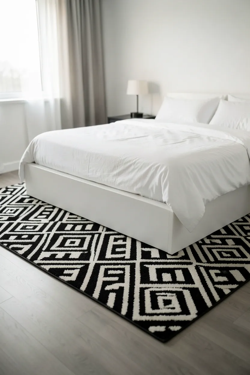 Black and white geometric patterned area rug anchoring a bed with white bedding on hardwood floors in a rental bedroom