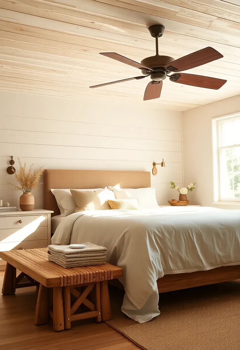 Painted plank ceiling with a simple wood fan
