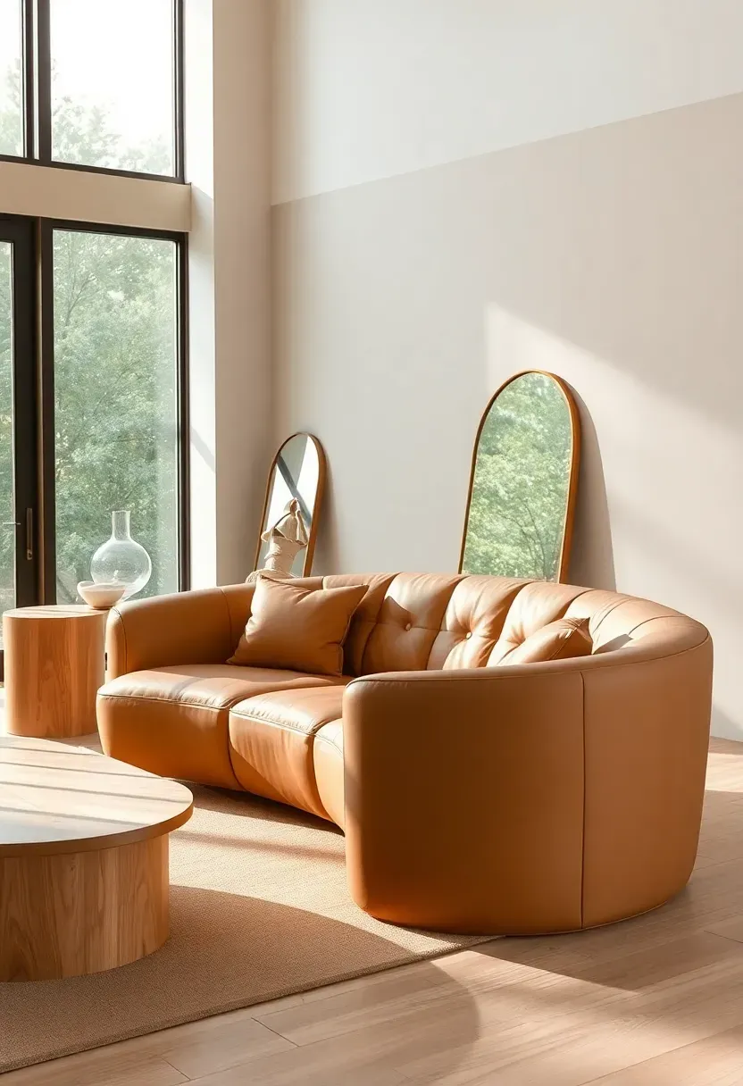 Hyper-realistic 3/4 view of minimalist Japandi living room featuring curved furniture: large rounded camel-colored sofa as centerpiece, cylindrical side table, arched floor mirror leaning against wall, rectangular low coffee table. Materials: camel leather upholstery with visible stitching, cylindrical wood table, mirrored surface, light oak wood. Soft diffused natural light from large window, curved shadows from sofa. Soft elegant mood with line contrast. Shallow depth of field, sharp focus on sofa curve, medium composition, visible room context with neutral walls and light wood floor. No text, no logos, no watermarks.</p>