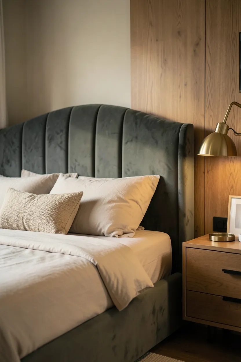 Sage green velvet headboard against warm white walls with neutral linen bedding in a cozy rental bedroom