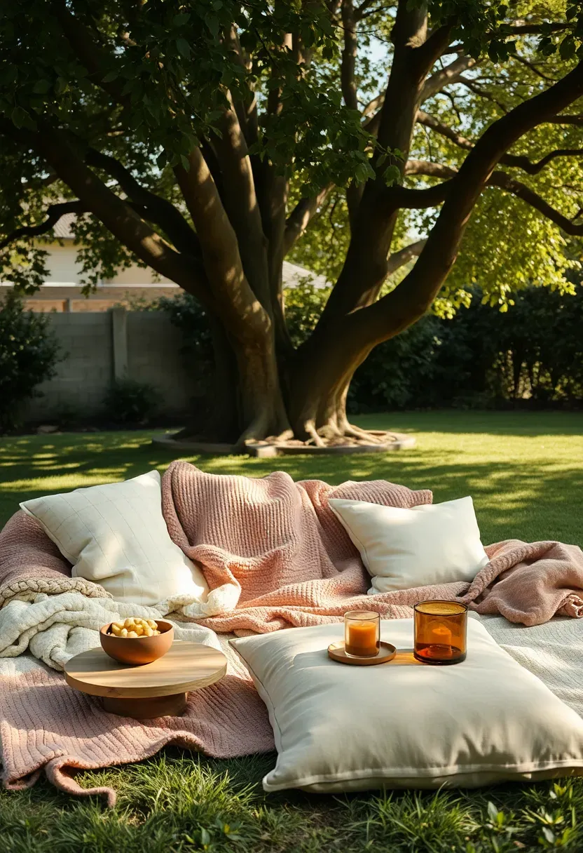 Cozy picnic blanket chill zone with layered quilts, floor cushions, and low tables with snacks in a shaded backyard area
