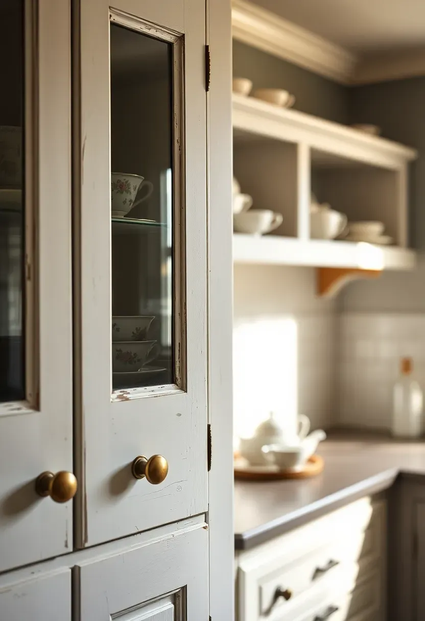 Distressed off-white kitchen cabinets with wavy glass panel inserts revealing vintage dishware, brass knob hardware, in a cozy cottage-style rental kitchen