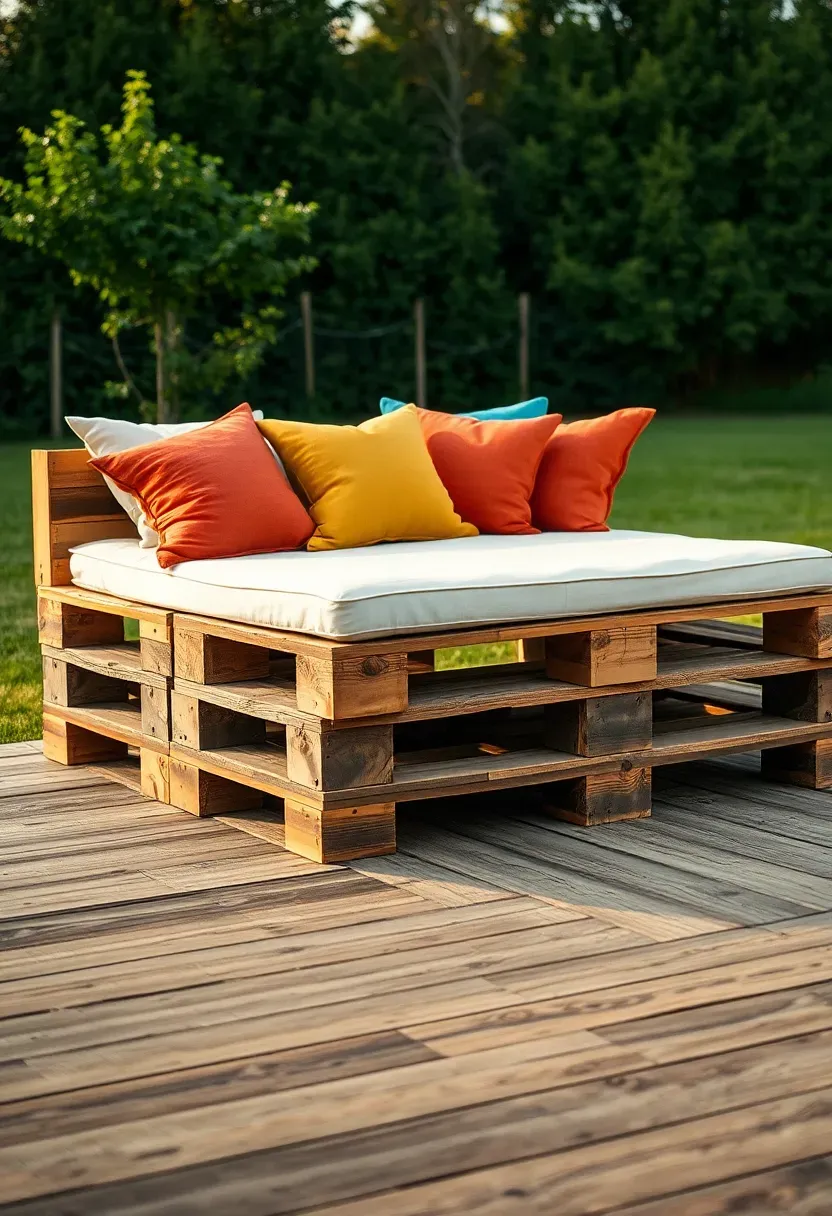 A DIY pallet daybed with stacked wooden pallets, a thick mattress pad, and colorful throw pillows on a grassy backyard area