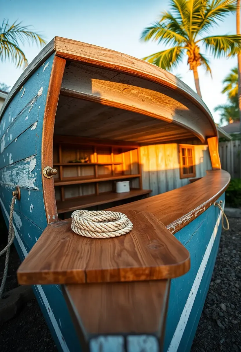 Tiki bar built from a repurposed vintage wooden boat hull cut in half lengthwise with the deck used as a bar counter